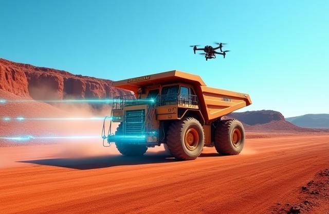 Automated mining vehicle in a remote landscape with superimposed network lines, depicting enhanced connectivity.
