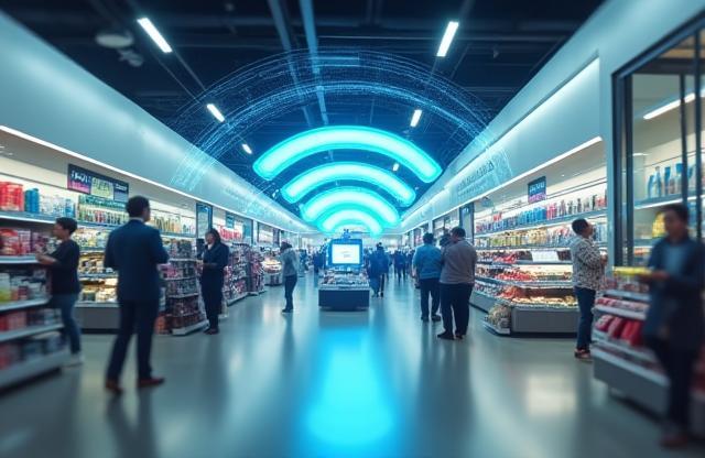 Modern retail store interior with network signals radiating, symbolizing improved connectivity.
