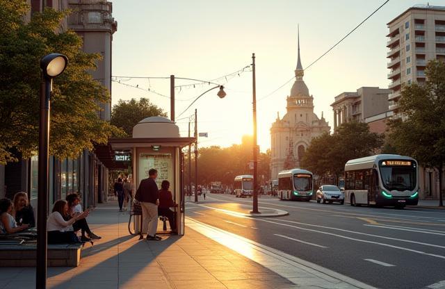 Cityscape of Geelong with small cell antennas integrated into urban furniture, highlighting smart infrastructure.