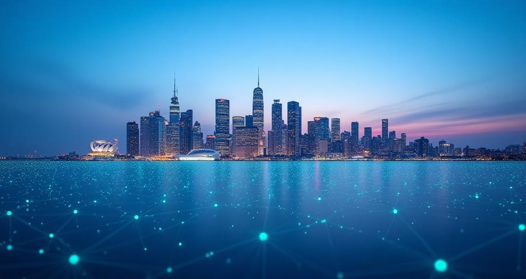 Abstract digital network lines overlaying a modern city skyline at dusk, symbolizing advanced connectivity.